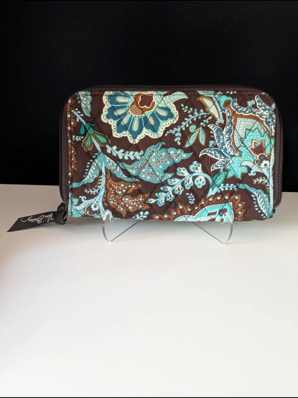 Vera Bradley Brown and Teal Paisley Quilted Zip Wallet - Picture 2 of 3